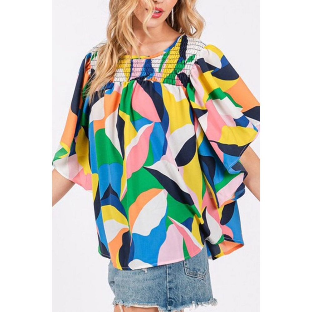 NEW! CES FEMME MULTI PRINT COLORFUL SMOCKED TOP LOOSE FIT BLOUSE!